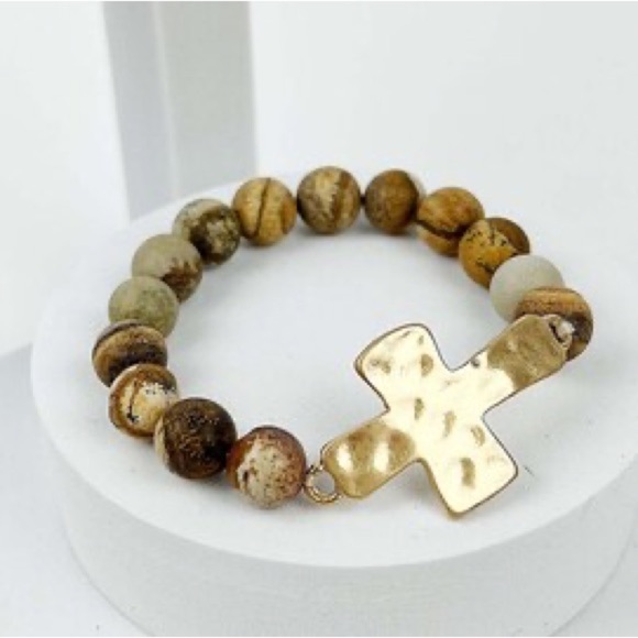 Hammered Cross Natural Stone Bracelet - Picture 1 of 4
